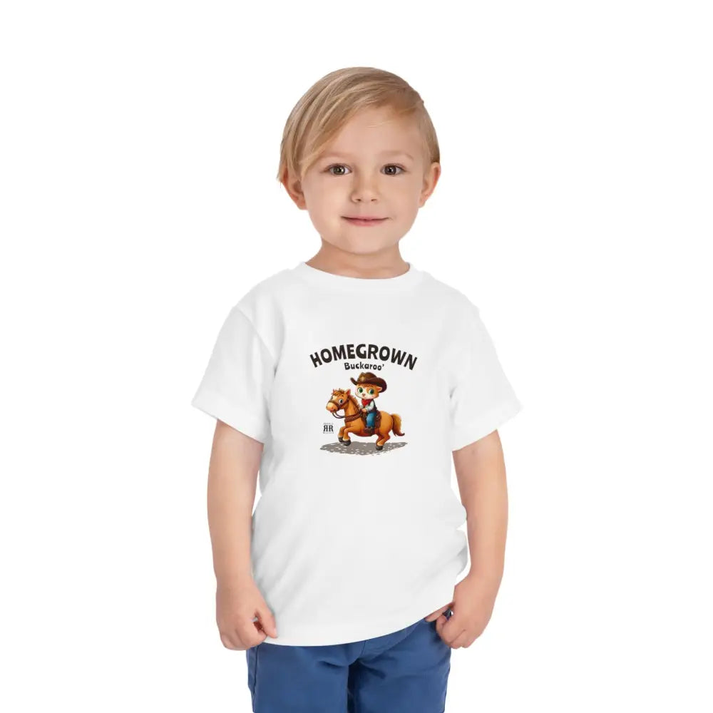 ’Homegrown Buckaroo’ Cat-cowboy’ - Double R Western’s - Toddler Short Sleeve Tee - 2T / White - Kids clothes