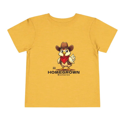 ’Homegrown Buckaroo’ Chicken-Cowboy’ - Double R Western’s ™ - Toddler Short Sleeve Tee - Heather Yellow Gold / 2T