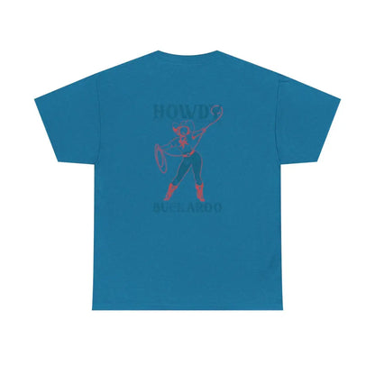 ’Howdy Buckaroo’ Double R Western’s Heavy Cotton Tee Back Graphic Design Antique Sapphire / S T Shirt