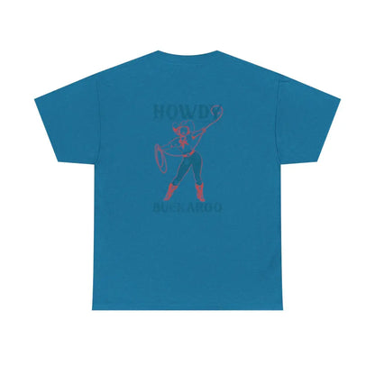 ’Howdy Buckaroo’ Double R Western’s - Heavy Cotton Tee - Back Graphic Design - Antique Sapphire / S - T-Shirt