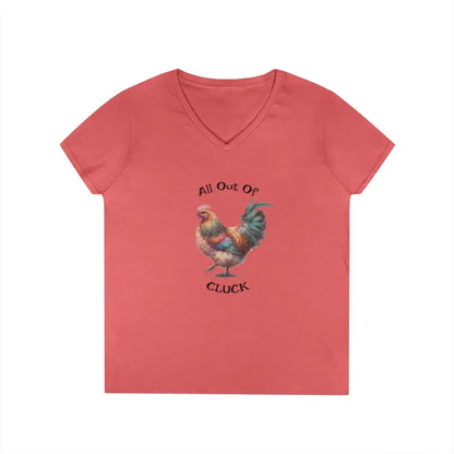 Ladies’ V Neck T Shirt ’All Out Of CLUCK’ Funny Chicken Tee S / Coral Silk V neck