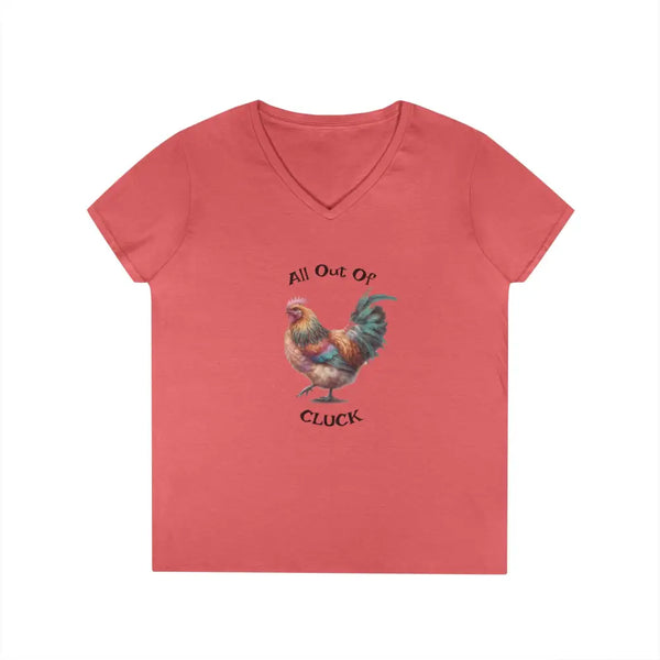 Ladies’ V Neck T Shirt ’All Out Of CLUCK’ Funny Chicken Tee S / Coral Silk V neck