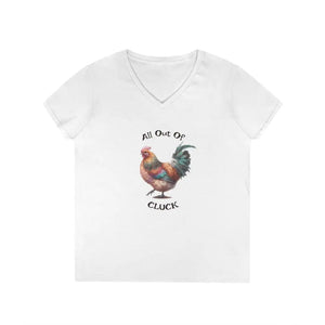 White ladies V-neck T-shirt with chicken graphic and 