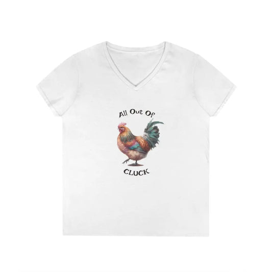 Ladies’ V-Neck T-Shirt - ’All Out Of CLUCK’ Funny Chicken Tee - S / White - V-neck