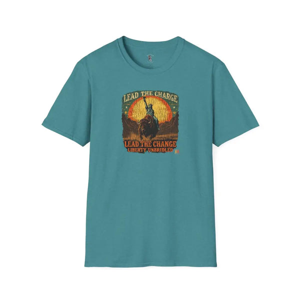 Lady Liberty Western Bison Tee – Vintage Grit | Double R Western™ S / Heather Galapagos Blue T Shirt