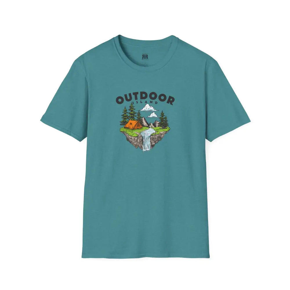 Outdoor Island Comfort Tee – Adventure Awaits - Double R Western’s Hot Off The Trail - Heather Galapagos Blue / S