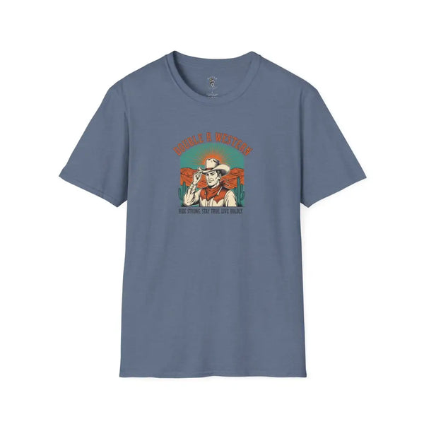 Retro Western Vintage Tee – Unisex Old West Style Heather Indigo / S T Shirt