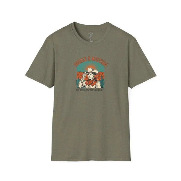Retro Western Vintage Tee – Unisex Old West Style Heather Military Green / S T Shirt