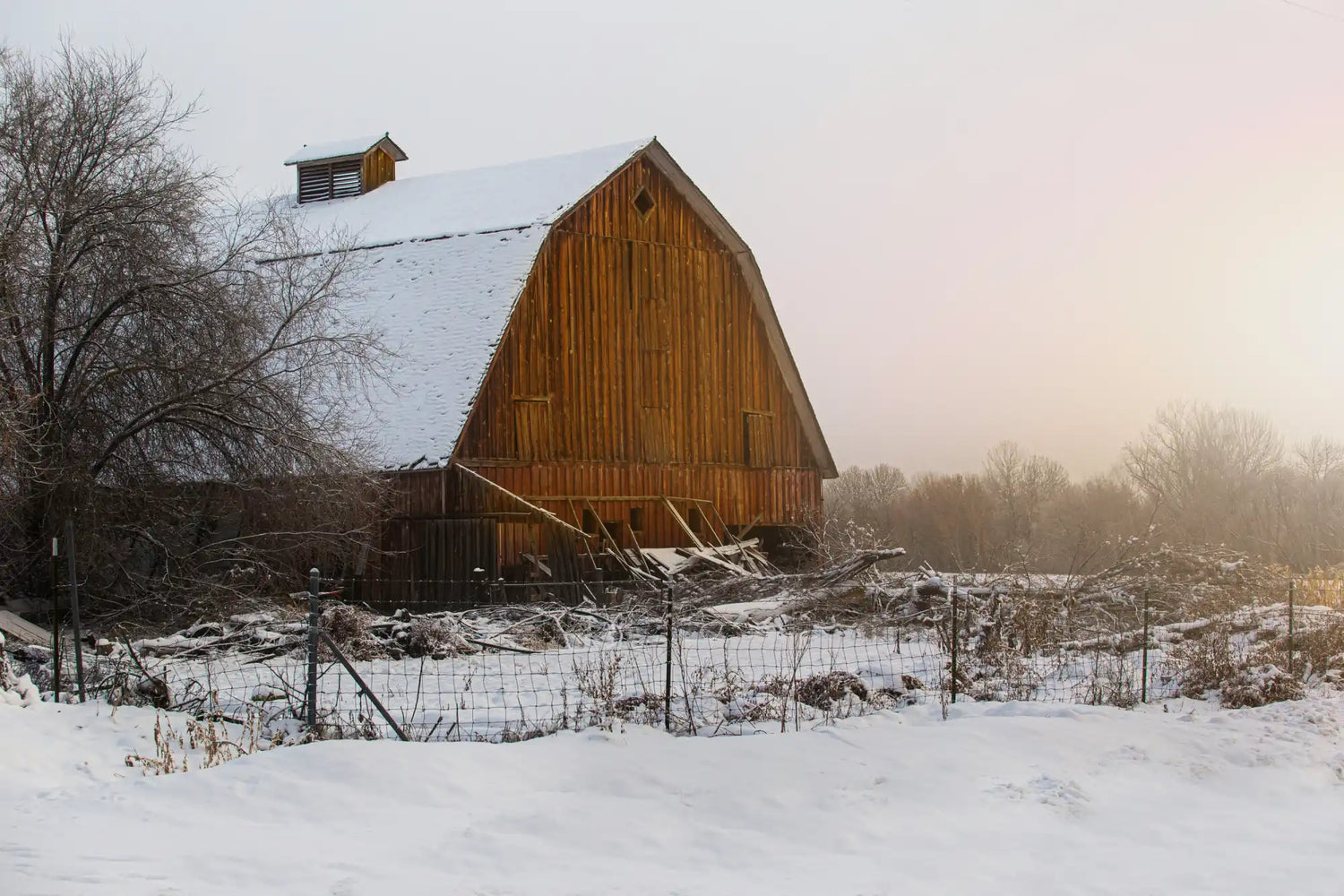 Snow-covered wooden barn.