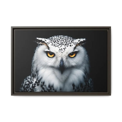 Snow Owl Midnight Edition Framed Art Canvas Wrap – Double R Western™ 24″ x 16″ (Horizontal) / Espresso / 1.25’’ Canvas