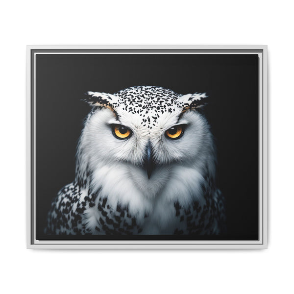 Framed owl wall canvas with white and gray owl, orange eyes, silver frame