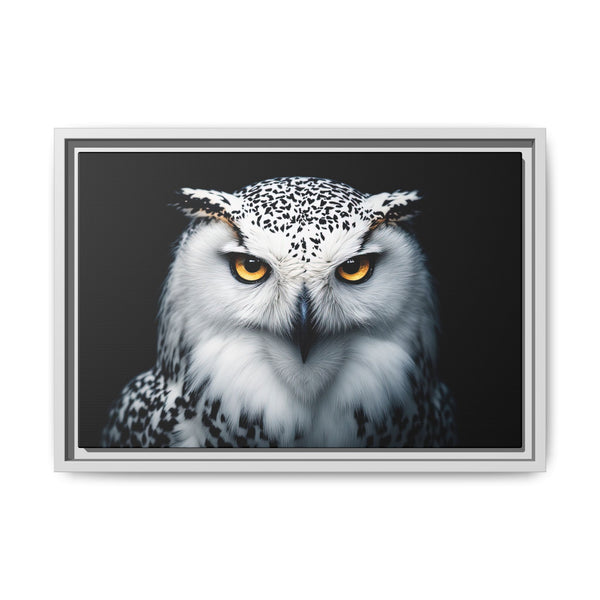 Framed owl wall canvas with white and gray owl, orange eyes, silver frame