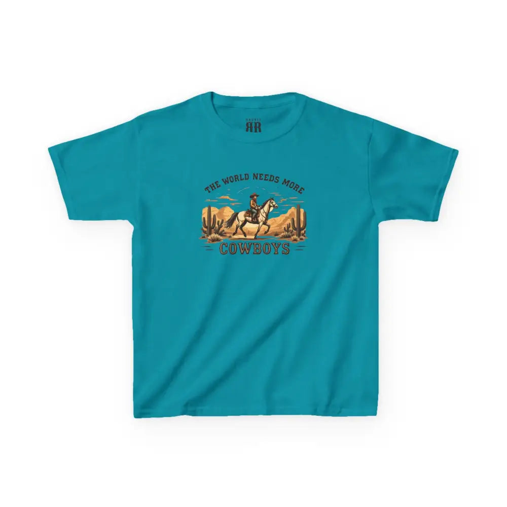 The World Needs More Cowboys T-Shirt- Double R Western - Kids Tee - Tropical Blue / XS - Kids clothes