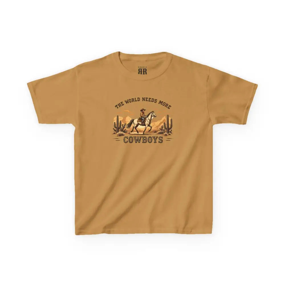The World Needs More Cowboys T-Shirt- Double R Western - Kids Tee - Old Gold / XL - Kids clothes