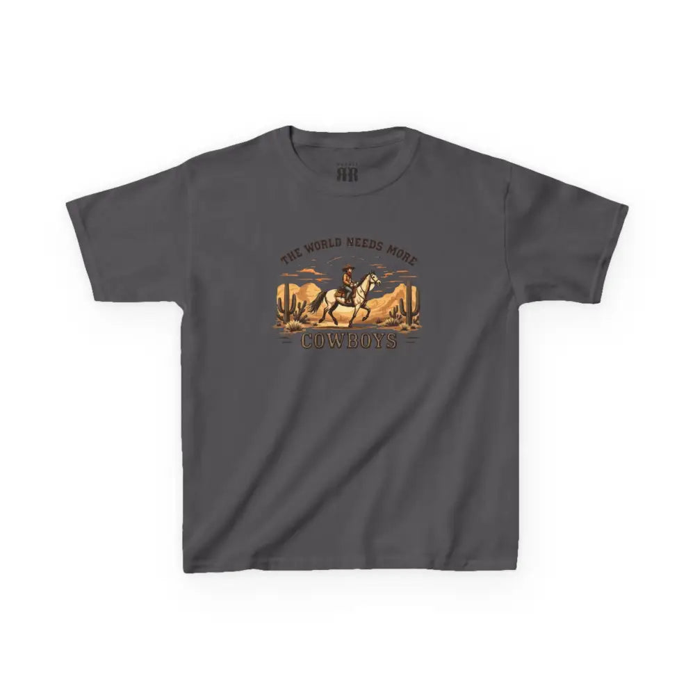 The World Needs More Cowboys T-Shirt- Double R Western - Kids Tee - Charcoal / XS - Kids clothes