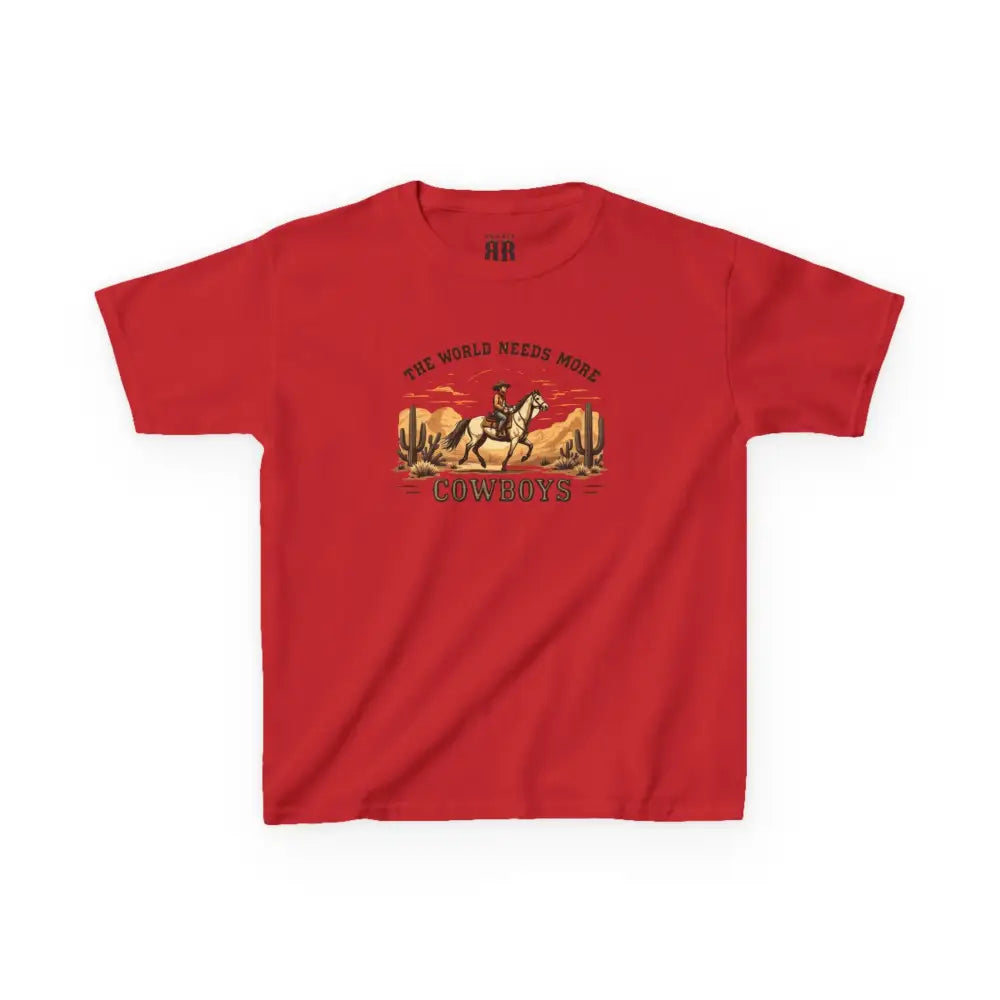The World Needs More Cowboys T-Shirt- Double R Western - Kids Tee - Red / XS - Kids clothes