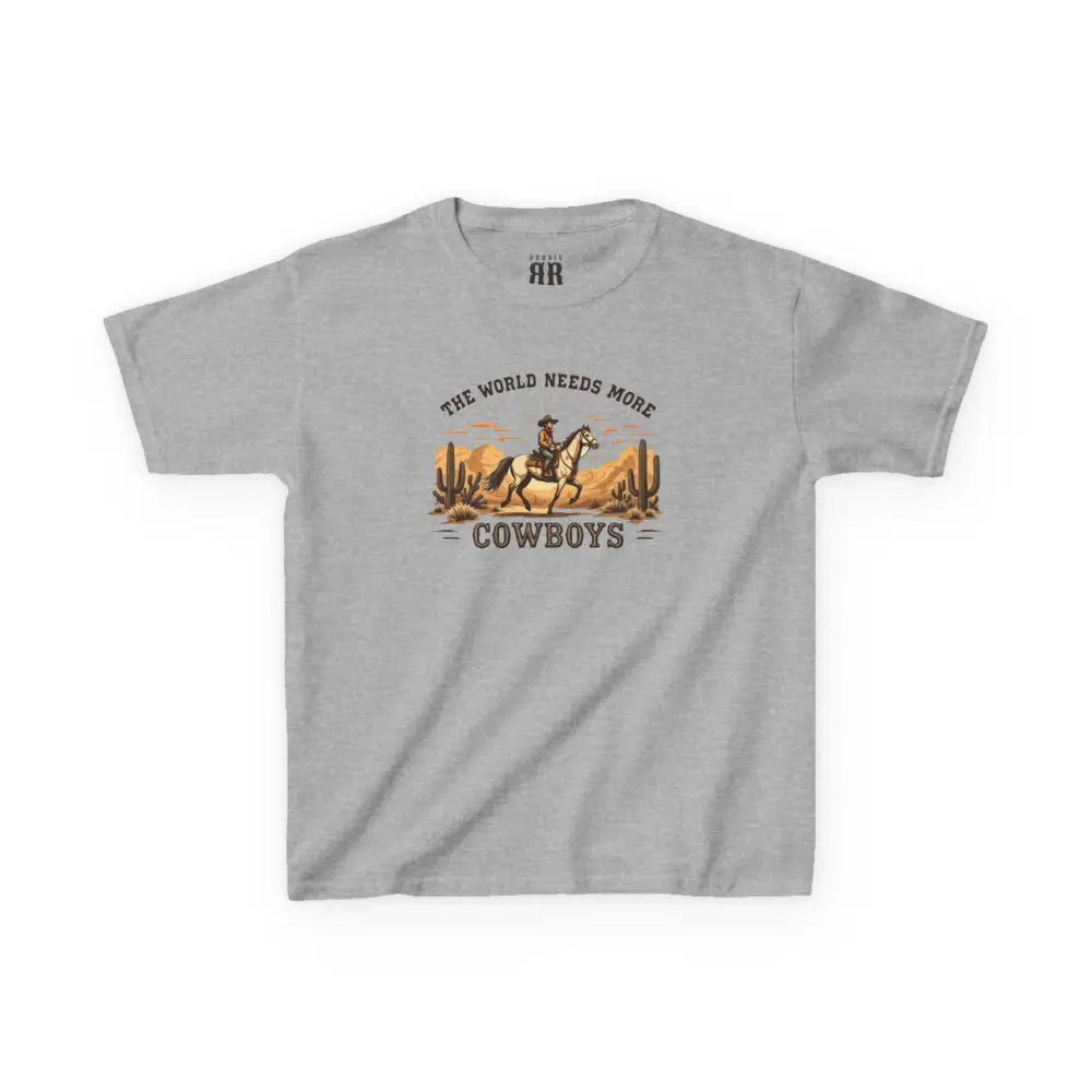 The World Needs More Cowboys T-Shirt- Double R Western - Kids Tee - Sport Grey / XS - Kids clothes