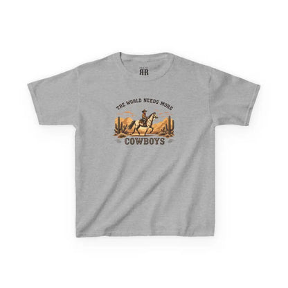 The World Needs More Cowboys T-Shirt- Double R Western - Kids Tee - Sport Grey / XS - Kids clothes