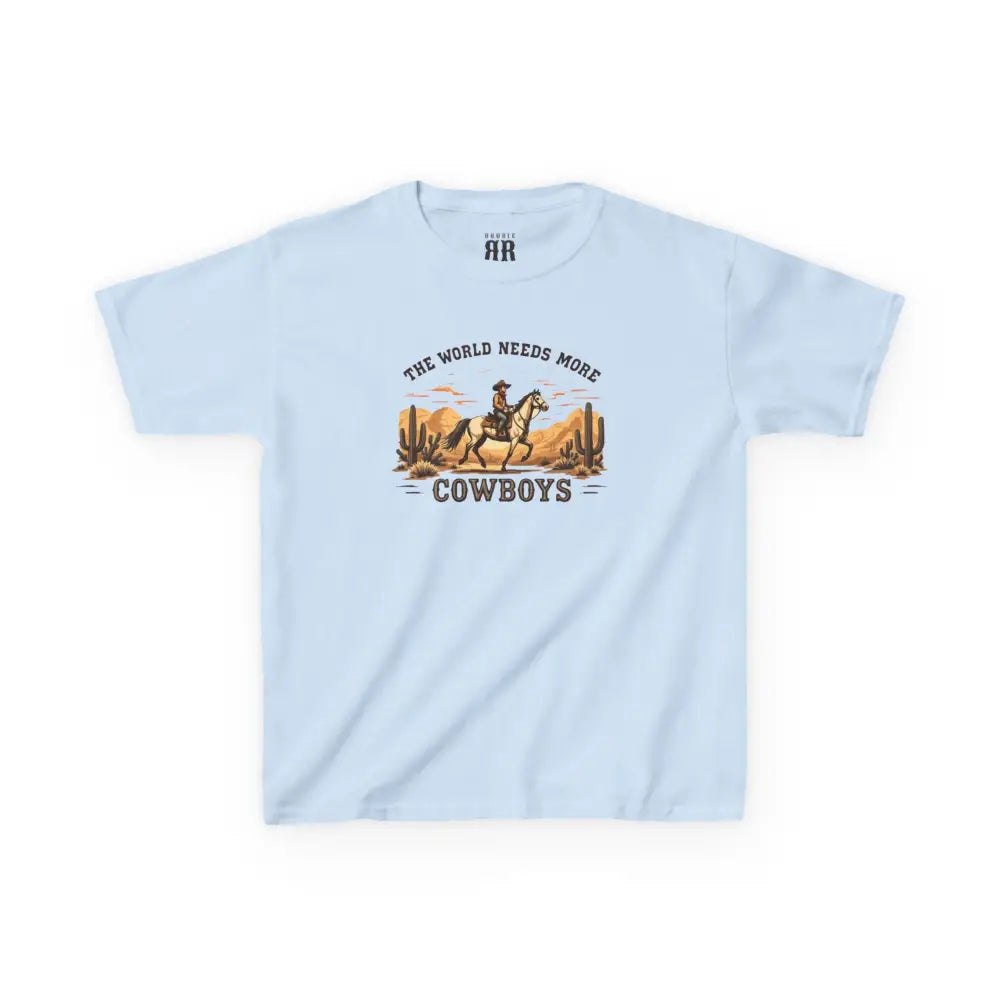 The World Needs More Cowboys T-Shirt- Double R Western - Kids Tee - Light Blue / XS - Kids clothes