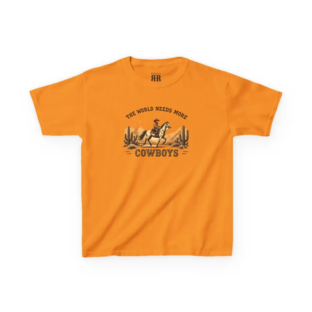 The World Needs More Cowboys T-Shirt- Double R Western - Kids Tee - Tennessee Orange / XS - Kids clothes