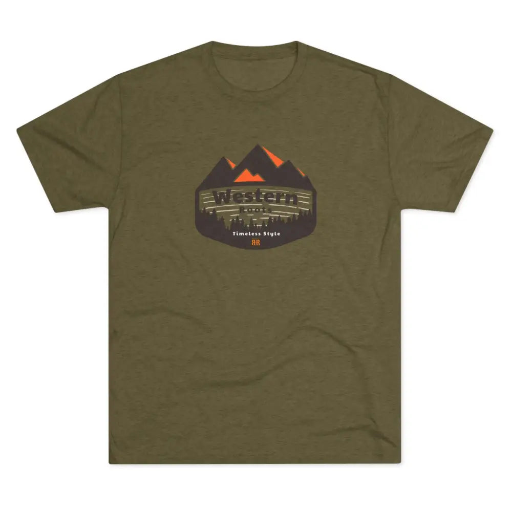 ’Western Roots Timeless Style’ -Double R western’s Tri-Blend Crew Tee - S / Tri-Blend Military Green - T-Shirt