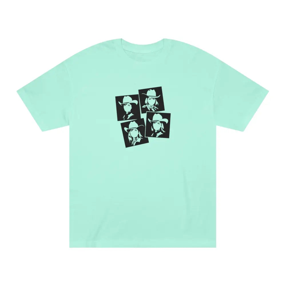 Wild West Muse Pop Art Cowgirl Tee – Women’s (Pink & Celadon) | Double R Western™ Hot off the trail Celadon / S T Shirt