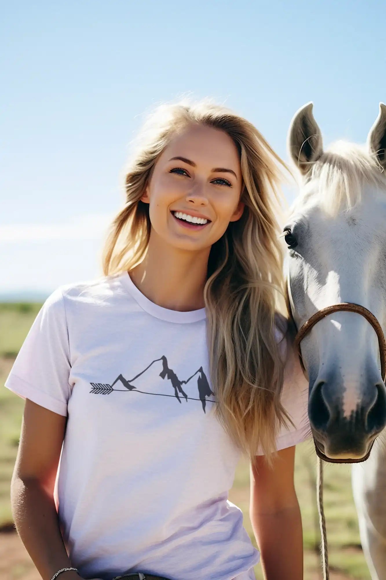 Smiling woman with white horse.