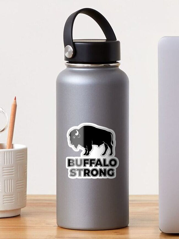 Buffalo Strong decal on gray metal bottle with black carry handle