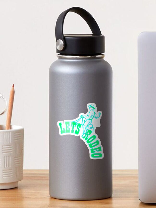 Bison rodeo sticker on gray bottle, turquoise cowboy and green “LET'S RODEO”