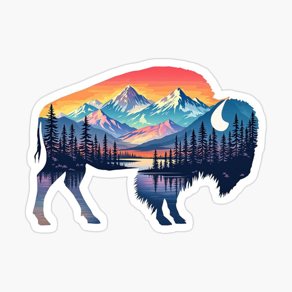 Glossy bison sticker with mountain, lake, and pine forest sunset landscape background