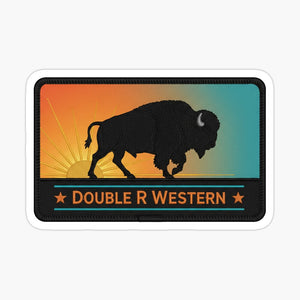 Double R Western heritage patch glossy sticker with bison and sunrise landscape, 3.8 x 2.4 inches
