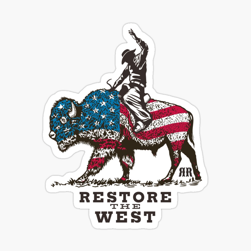 Restore the West glossy sticker with bison in American flag pattern and rider, 2.9 x 3.6 inches