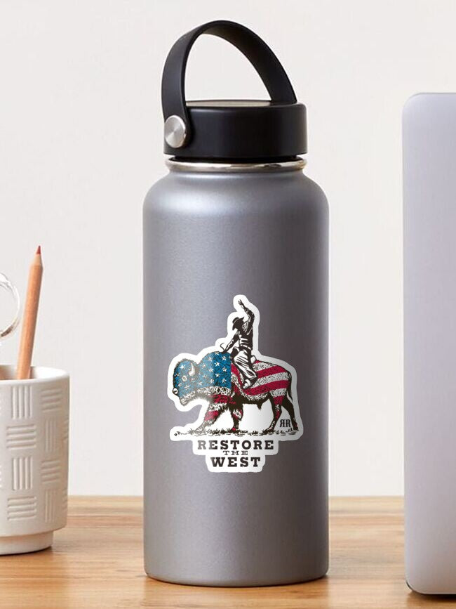 Restore the West bison glossy sticker applied to a stainless steel water bottle