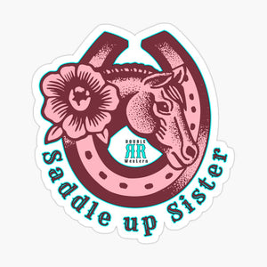 Saddle Up Sister glossy horseshoe sticker with horse head and flower design