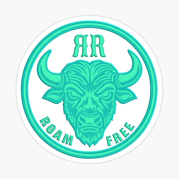 Matte circular buffalo face decal with teal ROAM FREE text and RR initials
