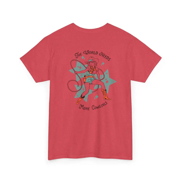’World Needs More Cowgirls’ Double R Western’s ™ Heavy Cotton Tee Back Graphic Design Heather Red / S T Shirt
