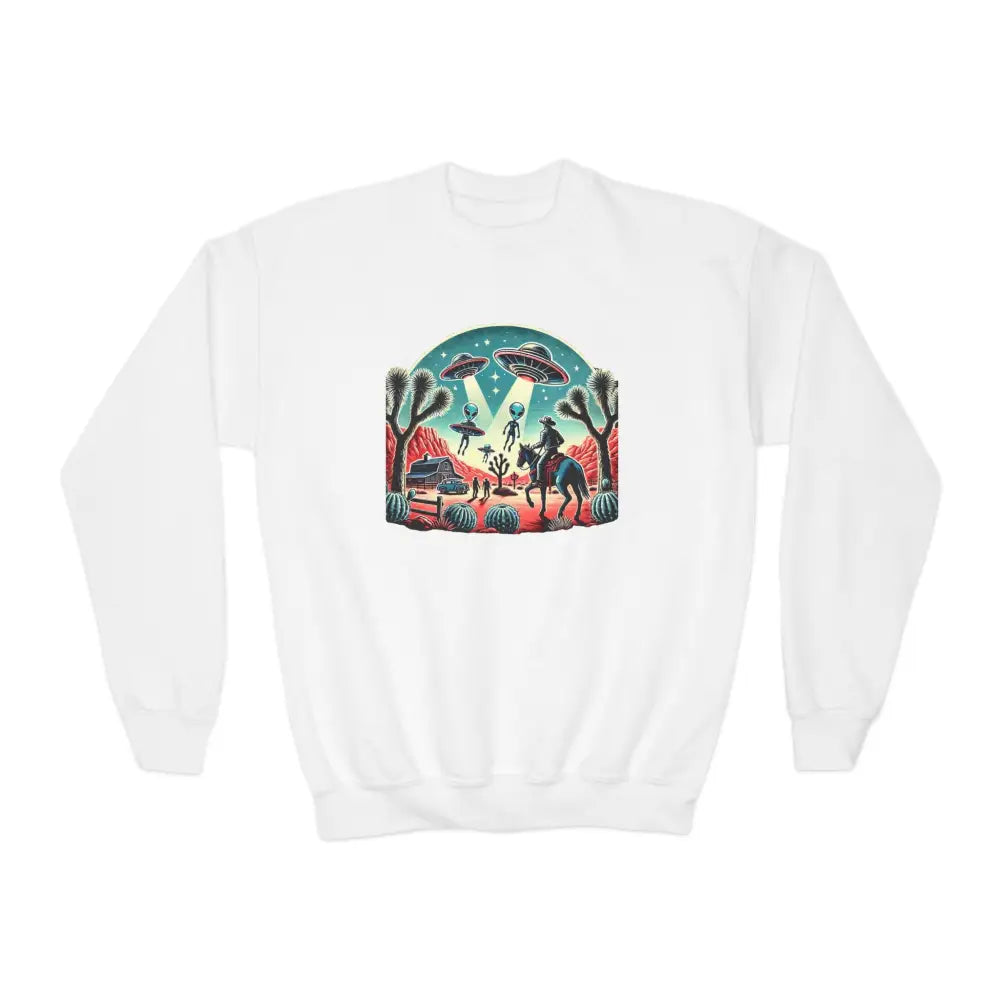 Youth Crewneck Sweatshirt - Retro Alien Abduction Design - White / XS - Kids clothes